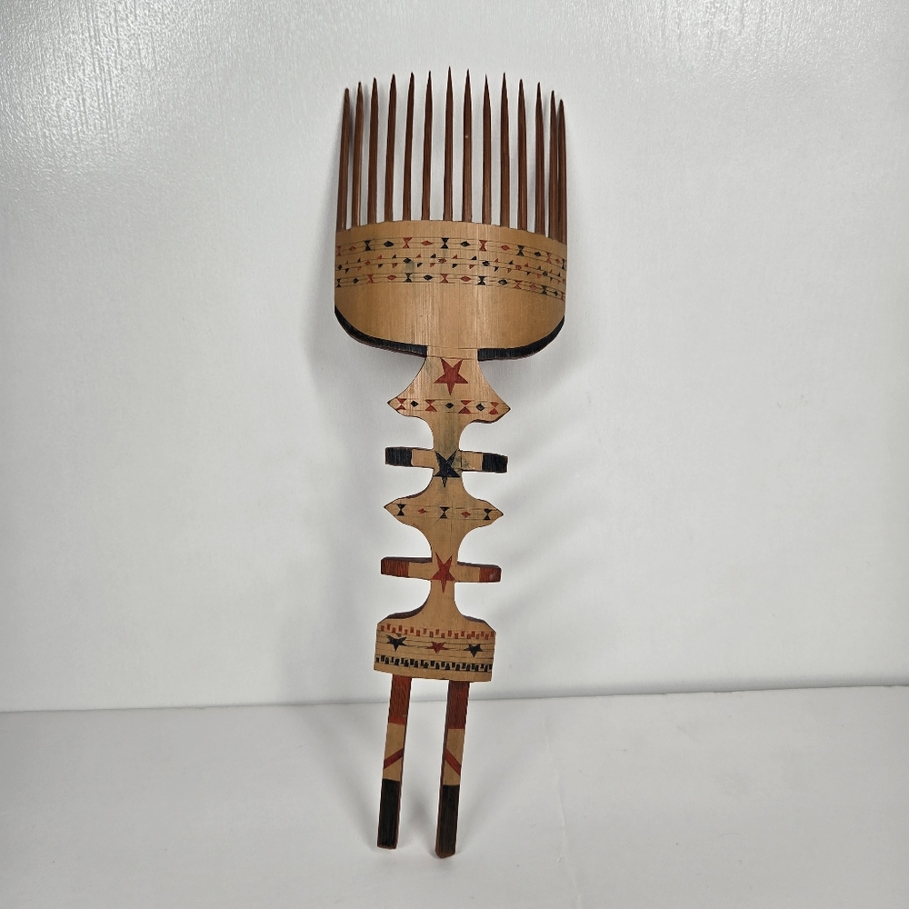 Vintage Hand Carved Wooden Hair Pick Comb Hand Painted Unique Star Designโ